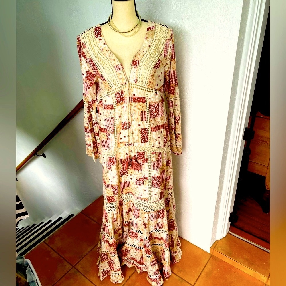 NWT Barok ParisRose CottonPatchwork w/BellSleeves,Stitch detailingMaxi Dress S/M